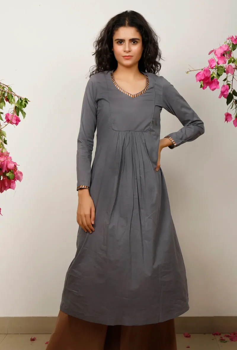 Grey Solid embroidered Gathered flared Kurta