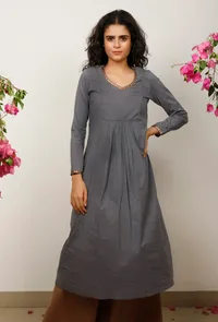 Grey Solid embroidered Gathered flared Kurta image 1