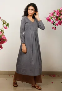 Grey Solid embroidered Gathered flared Kurta image 2