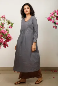 Grey Solid embroidered Gathered flared Kurta image 3