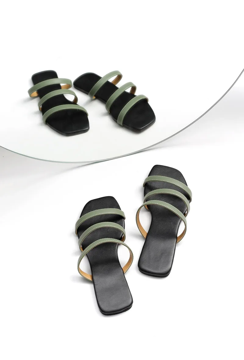 Green Straps Black Sole Cruelty Free Leather Flats