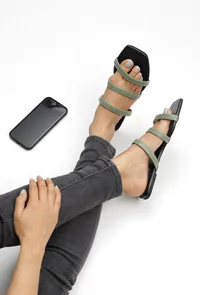 Green Straps Black Sole Cruelty Free Leather Flats image 2