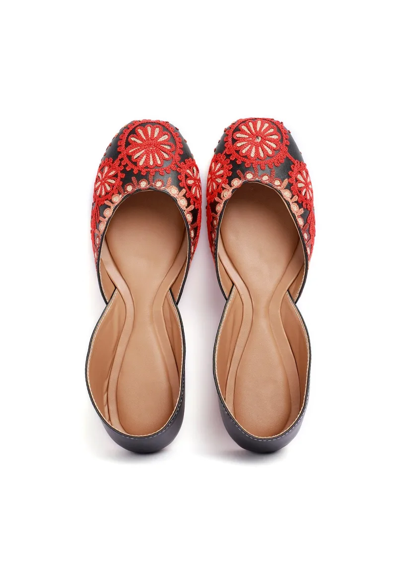 Scarlet Red Floral Tili Aari Embroidery Jutti