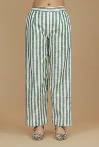 Green & White Striped Cotton Pants image 1