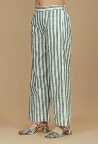 Green & White Striped Cotton Pants image 2