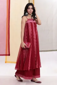 Carmine Red Kalidar Brasso Organza & Plain Organza Flared Slip Kurta image 2