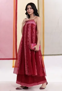 Carmine Red Kalidar Brasso Organza & Plain Organza Flared Slip Kurta image 3