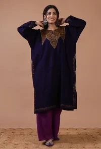 Navy Blue Woolen Sozni Embroidered Phiran- Free Size image 1