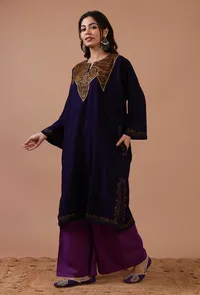 Navy Blue Woolen Sozni Embroidered Phiran- Free Size image 2