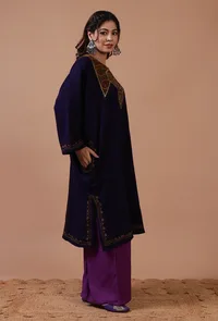 Navy Blue Woolen Sozni Embroidered Phiran- Free Size image 3
