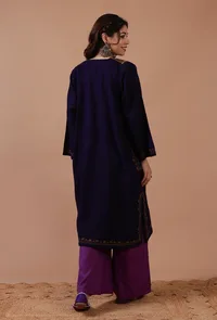 Navy Blue Woolen Sozni Embroidered Phiran- Free Size image 4