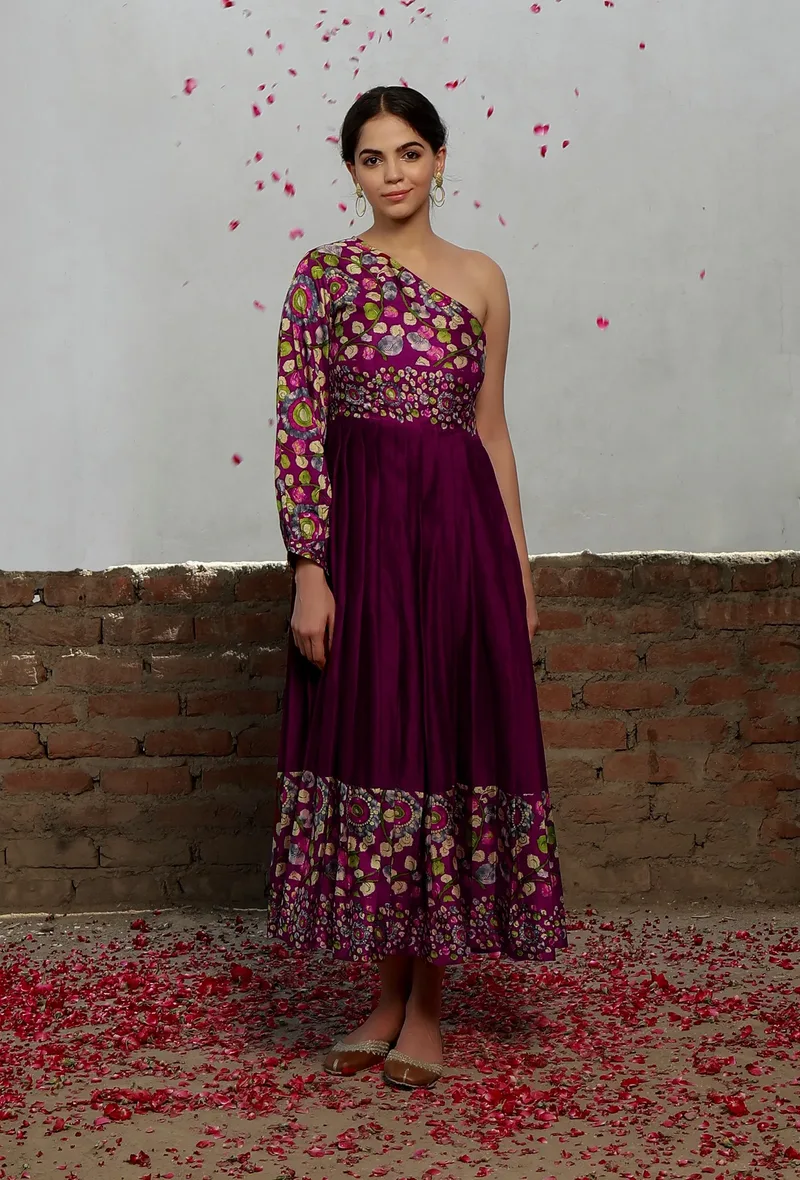 Maroon  Kalamkari Printed Cotton Silk One Shoulder Long Pleated Dress