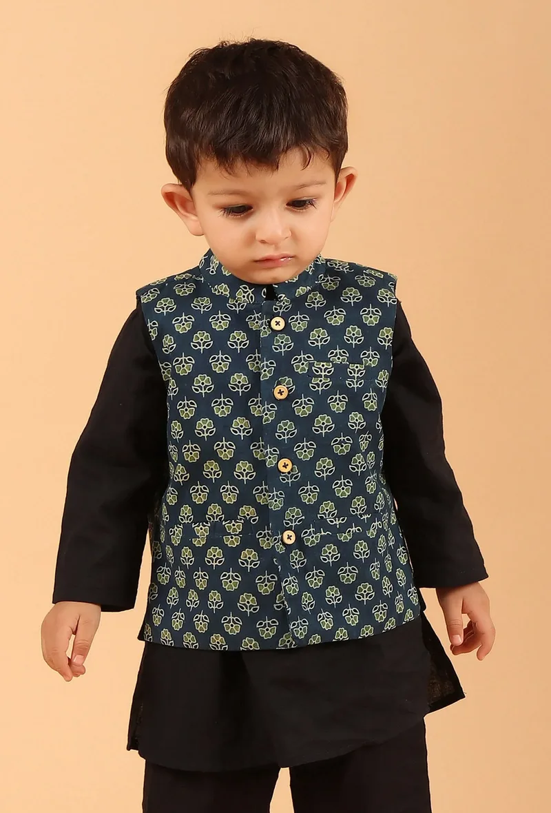 Aruj Indigo Blue Ajrakh Print Cotton Nehru Jacket