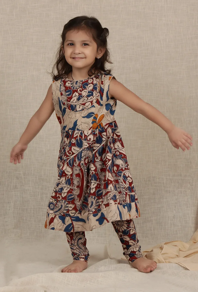 Set Of 2: Saira Maroon & Beige Cream Kalamkari Cotton Anarkali Kurta & Churidar