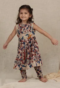 Set Of 2: Saira Maroon & Beige Cream Kalamkari Cotton Anarkali Kurta & Churidar image 1