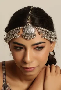 German Siver Designer Tavva Stud Heavy Ghunghru Chain Mathpatti image 1