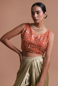 Orange Color Raw Silk Mirror Work Blouse image 1