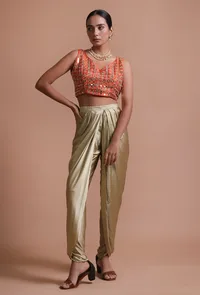 Orange Color Raw Silk Mirror Work Blouse image 2