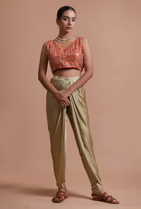 Orange Color Raw Silk Mirror Work Blouse image 3