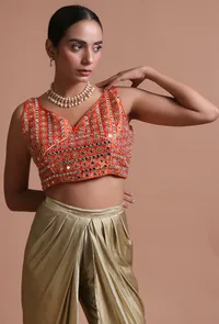 Orange Color Raw Silk Mirror Work Blouse image 6