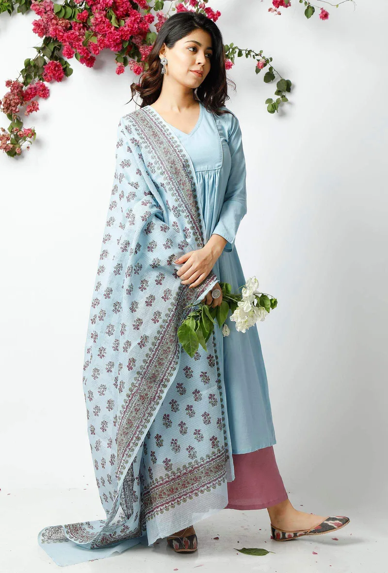 Set of 3: The Innocent Baby Blue Cotton Kurta with Matching Dupatta & Palazzo
