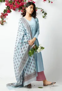 Set of 3: The Innocent Baby Blue Cotton Kurta with Matching Dupatta & Palazzo image 1