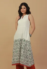 Off-White Sleeveless Block Printed Cotton Kurta image 1