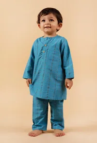 Set of 2: Blue Checked Kurta With Blue Checked Woven Pant image 2