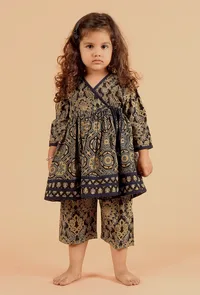 Set Of 2: Eti Khaki Black Multi Ajrakh Print Cotton Angrakha Kurta & Capri image 1