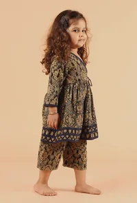 Set Of 2: Eti Khaki Black Multi Ajrakh Print Cotton Angrakha Kurta & Capri image 2