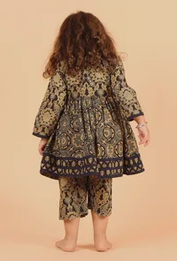 Set Of 2: Eti Khaki Black Multi Ajrakh Print Cotton Angrakha Kurta & Capri image 3