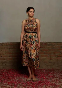 Beige Kalamkari Printed Cotton Silk Pintuck A Line Dress With Single Buckle Cruelty Free Leather Belt image 2