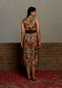 Beige Kalamkari Printed Cotton Silk Pintuck A Line Dress With Single Buckle Cruelty Free Leather Belt image 4