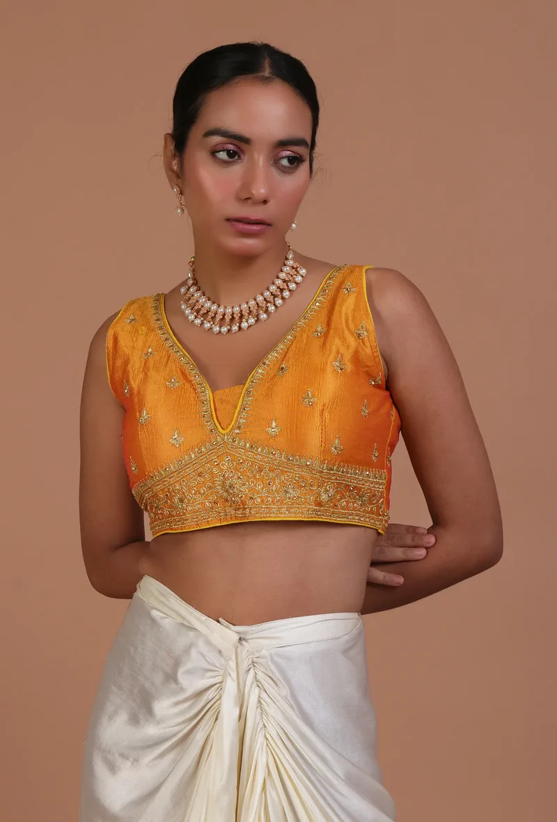 Yellow Color Raw Silk Embroidered Blouse
