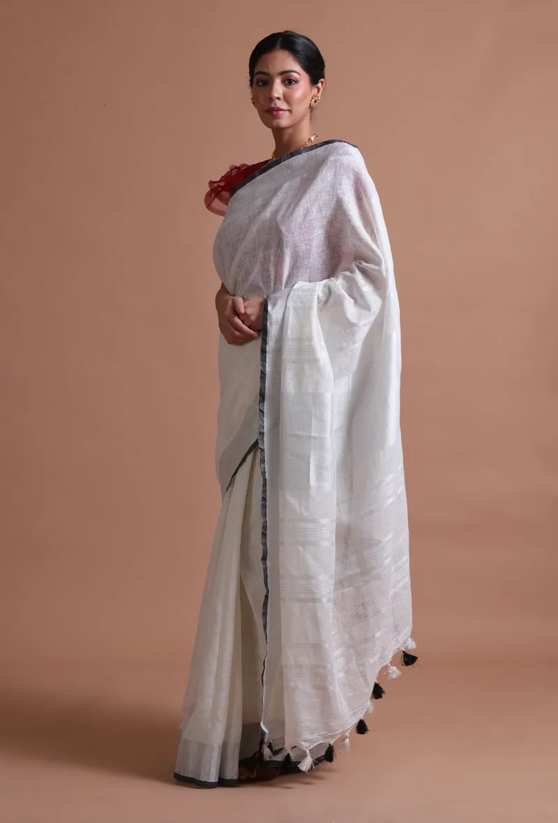 White Color Cotton Linen Saree With Unstitched Blouse