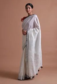 White Color Cotton Linen Saree With Unstitched Blouse image 1