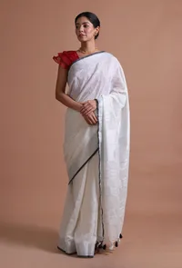 White Color Cotton Linen Saree With Unstitched Blouse image 2