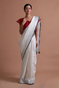 White Color Cotton Linen Saree With Unstitched Blouse image 3