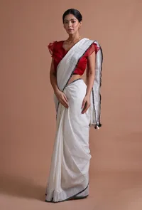 White Color Cotton Linen Saree With Unstitched Blouse image 4