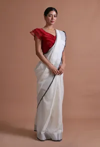 White Color Cotton Linen Saree With Unstitched Blouse image 5