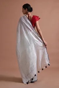 White Color Cotton Linen Saree With Unstitched Blouse image 6