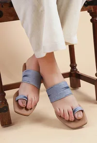 Slate Blue & Tawny Brown Ikat One Toe Cruelty Free Leather Flats image 1