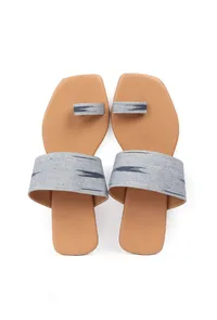 Slate Blue & Tawny Brown Ikat One Toe Cruelty Free Leather Flats image 2