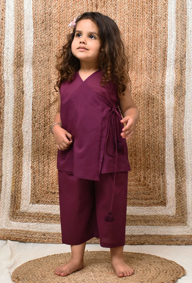 Set Of 2: Purple Wrap Around Mul Mul Kurta With Pants
