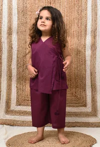 Set Of 2: Purple Wrap Around Mul Mul Kurta With Pants image 1
