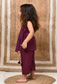Set Of 2: Purple Wrap Around Mul Mul Kurta With Pants image 2