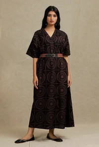 Black Hand Block Printed kaftan Dress With Embroidered Cruelty-Free Leather Belt image 1