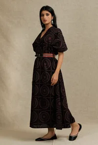 Black Hand Block Printed kaftan Dress With Embroidered Cruelty-Free Leather Belt image 2