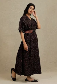 Black Hand Block Printed kaftan Dress With Embroidered Cruelty-Free Leather Belt image 3