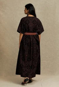 Black Hand Block Printed kaftan Dress With Embroidered Cruelty-Free Leather Belt image 4
